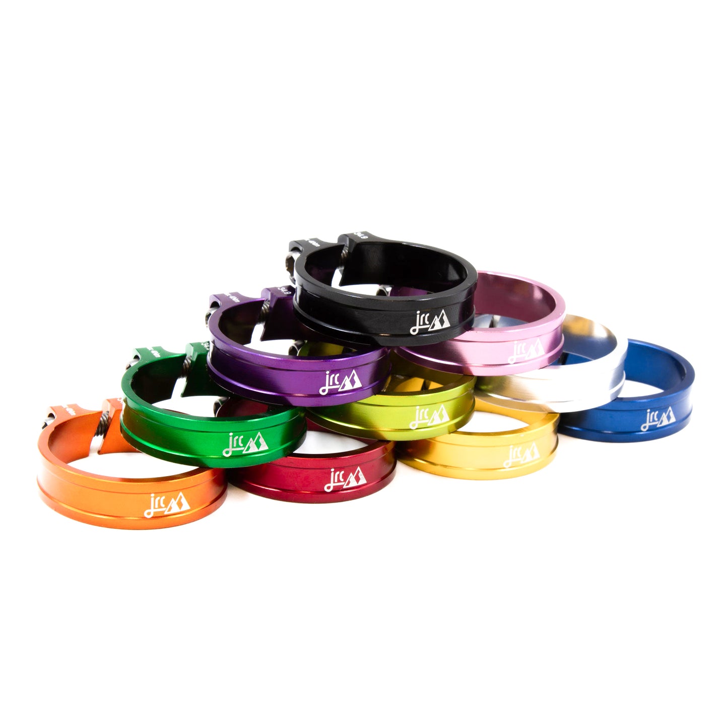 Lightweight, bicycle seat post clamp with titanium bolt and white etching. 11 anodized custom colours.