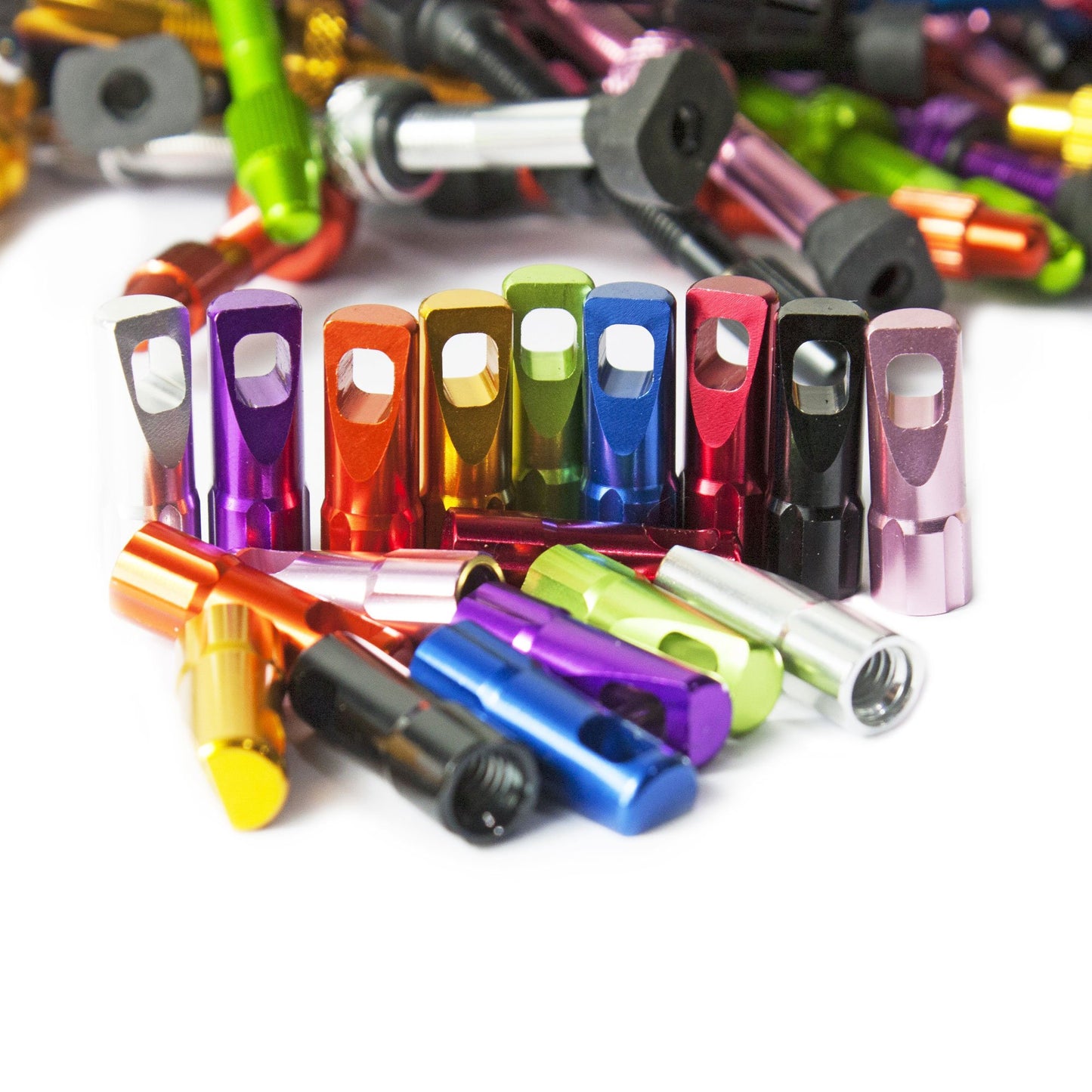 Ultra-lightweight aluminium valve cap set for Presta valve types for road and mountain bikes in multiple colours