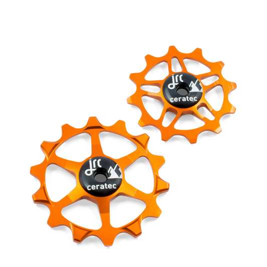 Orange, lightweight aluminium 12/14 tooth ceramic pulley wheel set for SRAM Eagle MTB