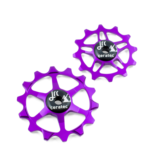 Purple, lightweight aluminium 12/14 tooth ceramic pulley wheel set for SRAM Eagle MTB