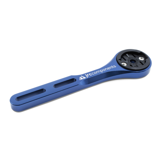 Blue, lightweight, aluminium integrated Amplitude bicycle handlebar mount for Garmin