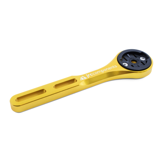 Gold, lightweight, aluminium integrated Amplitude bicycle handlebar mount for Garmin