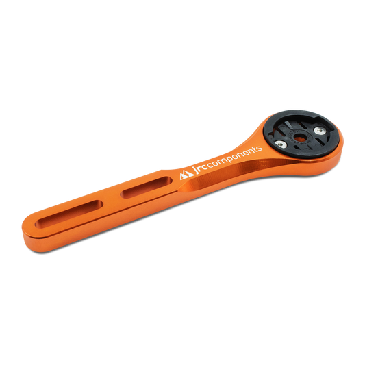 Orange, lightweight, aluminium integrated Amplitude bicycle handlebar mount for Garmin