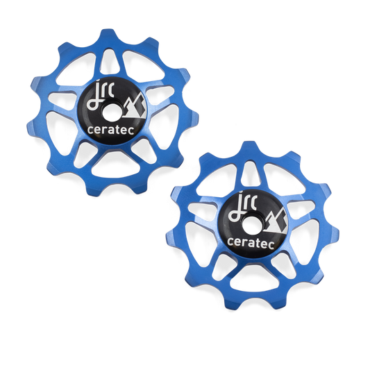 Blue, lightweight aluminium 11 tooth pulley wheel set for bicycle, compatible with Shimano 12 speed road derailleurs