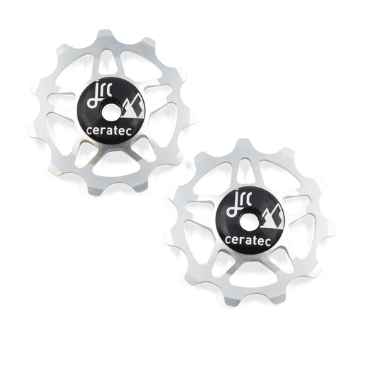 Silver, lightweight aluminium 11 tooth pulley wheel set for bicycle, compatible with Shimano 12 speed road derailleurs