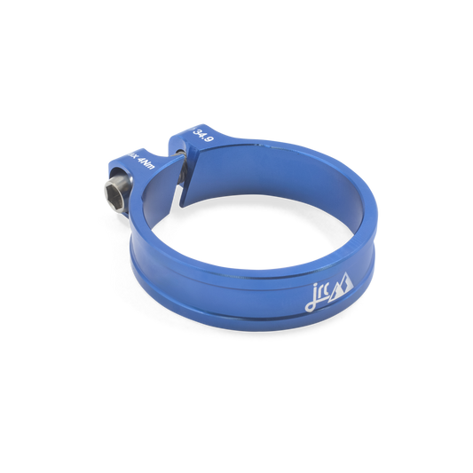 Blue, lightweight aluminium Kumo+ bicycle seatpost clamp with titanium bolt and white etching