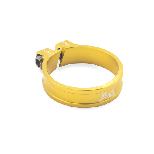 Gold, lightweight aluminium Kumo+ bicycle seatpost clamp with titanium bolt and white etching