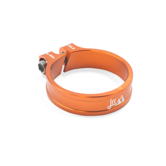 Orange, lightweight aluminium Kumo+ bicycle seatpost clamp with titanium bolt and white etching