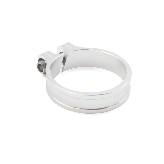 Silver, lightweight aluminium Kumo+ bicycle seatpost clamp with titanium bolt and white etching