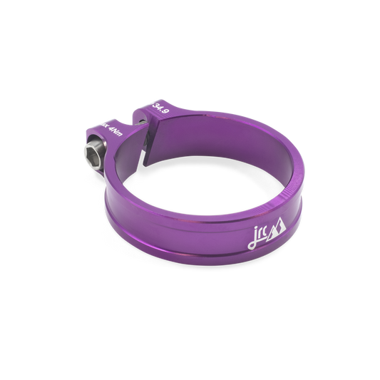 Purple, lightweight aluminium Kumo+ bicycle seatpost clamp with titanium bolt and white etching