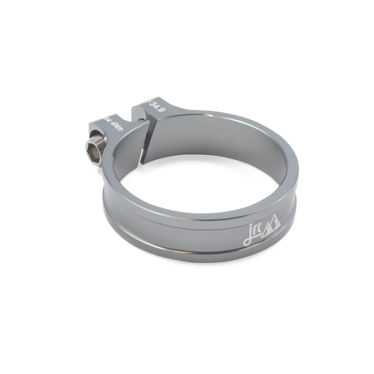 Gunmetal, lightweight aluminium Kumo+ bicycle seatpost clamp with titanium bolt and white etching
