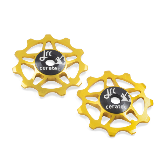 Gold, lightweight aluminium 11 tooth ceramic pulley wheel set for bicycles, for Shimano, SRAM and Campagnolo