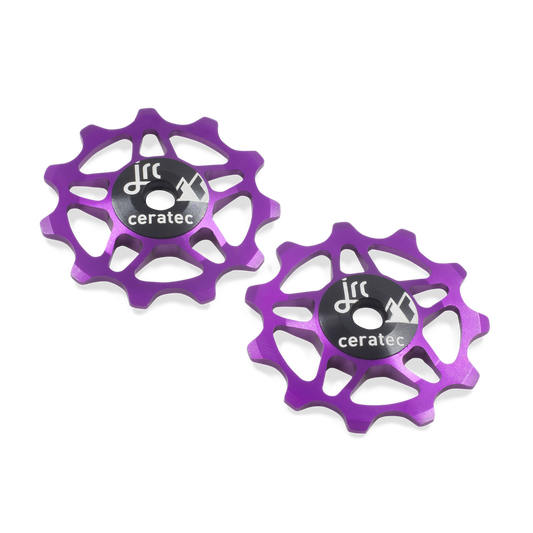 Purple, lightweight aluminium 11 tooth ceramic pulley wheel set for bicycles, for Shimano, SRAM and Campagnolo