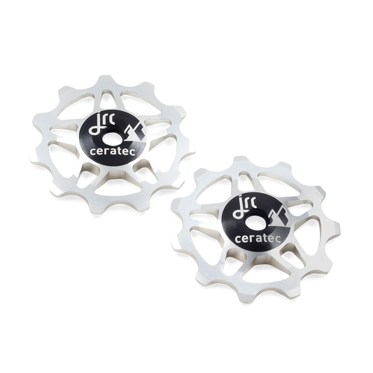 Silver, lightweight aluminium 11 tooth ceramic pulley wheel set for bicycles, for Shimano, SRAM and Campagnolo