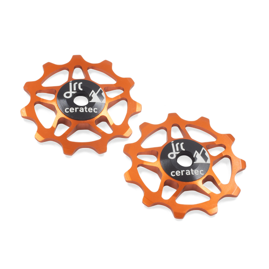 Orange, lightweight aluminium 11 tooth ceramic pulley wheel set for bicycles, for Shimano, SRAM and Campagnolo