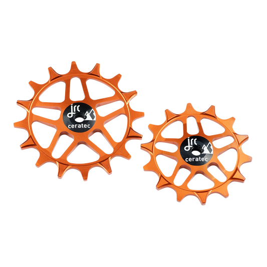 Orange, lightweight aluminium 14/16 tooth pulley wheel set for SRAM Eagle T-Type