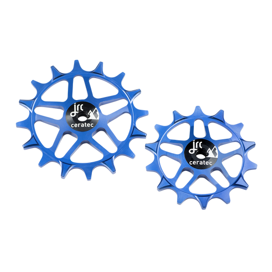 Blue, lightweight aluminium 14/16 tooth pulley wheel set for SRAM Eagle T-Type