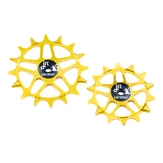 Gold, lightweight aluminium 14/16 tooth pulley wheel set for SRAM Eagle T-Type