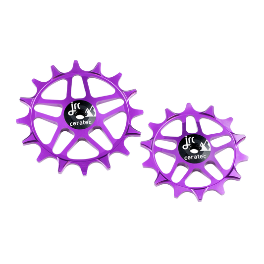 Purple, lightweight aluminium 14/16 tooth pulley wheel set for SRAM Eagle T-Type