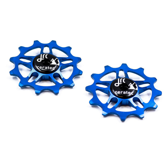 Blue, lightweight aluminium 12 tooth pulley wheel set for bicycles, compatible with SRAM Rival, Force and Red AXS