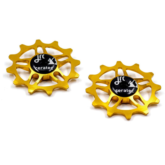 Gold, lightweight aluminium 12 tooth pulley wheel set for bicycles, compatible with SRAM Rival, Force and Red AXS
