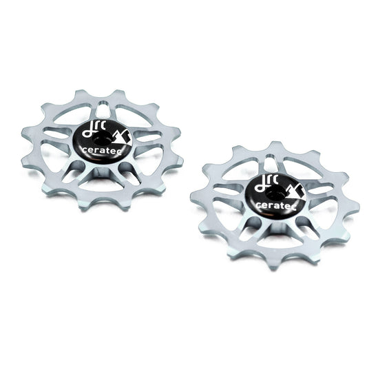 Silver, lightweight aluminium 12 tooth pulley wheel set for bicycles, compatible with SRAM Rival, Force and Red AXS
