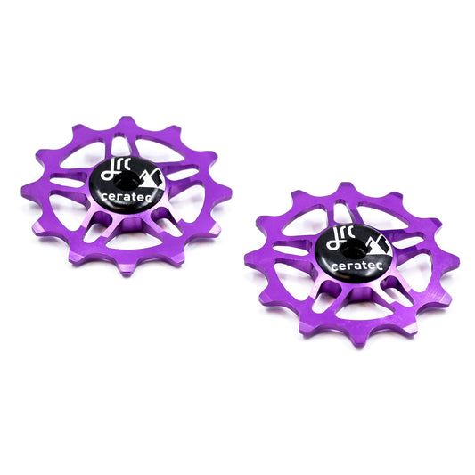 Purple, lightweight aluminium 12 tooth pulley wheel set for bicycles, compatible with SRAM Rival, Force and Red AXS