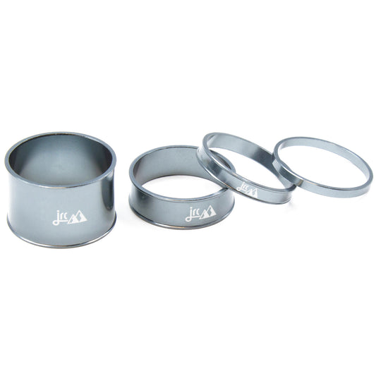 Gunmetal, lightweight aluminium bicycle headset spacer kit with 4 sizes.
