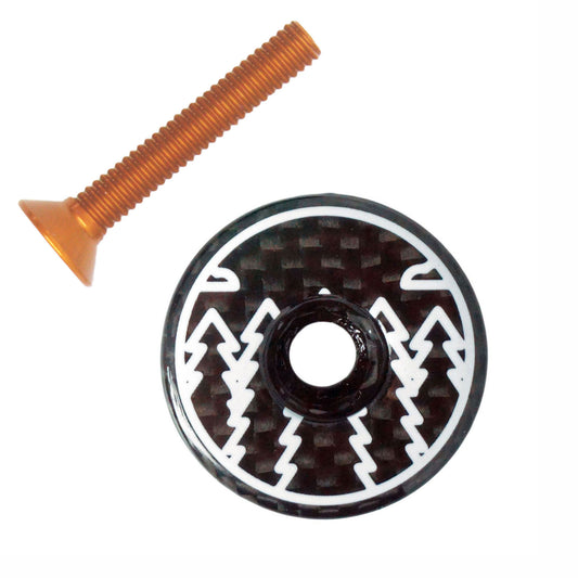 Carbon fibre Ahead bicycle stem top cap with black and white forest design, UD weave and gloss finish and orange bolt