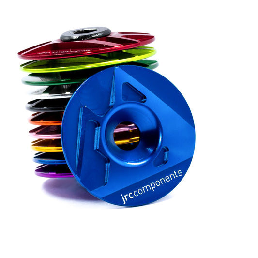 Blue, lightweight, aluminium Ahead bicycle stem top cap with mountain design
