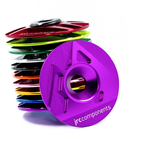Purple, lightweight, aluminium Ahead bicycle stem top cap with mountain design