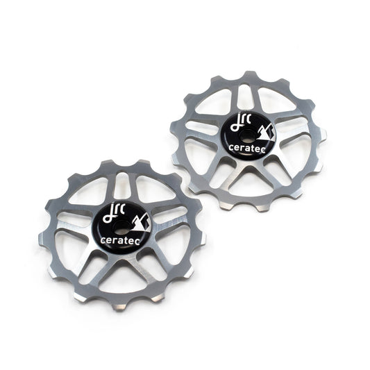 Gunmetal grey, lightweight aluminium pulley wheel set for bicycle, compatible with 13 tooth Shimano 12 speed