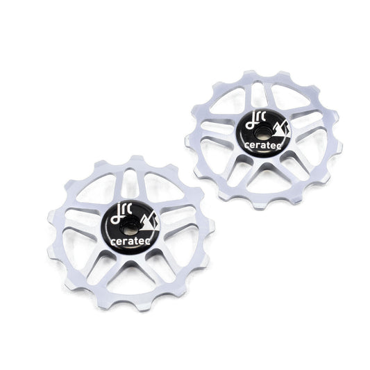 Silver, lightweight aluminium pulley wheel set for bicycle, compatible with 13 tooth Shimano 12 speed